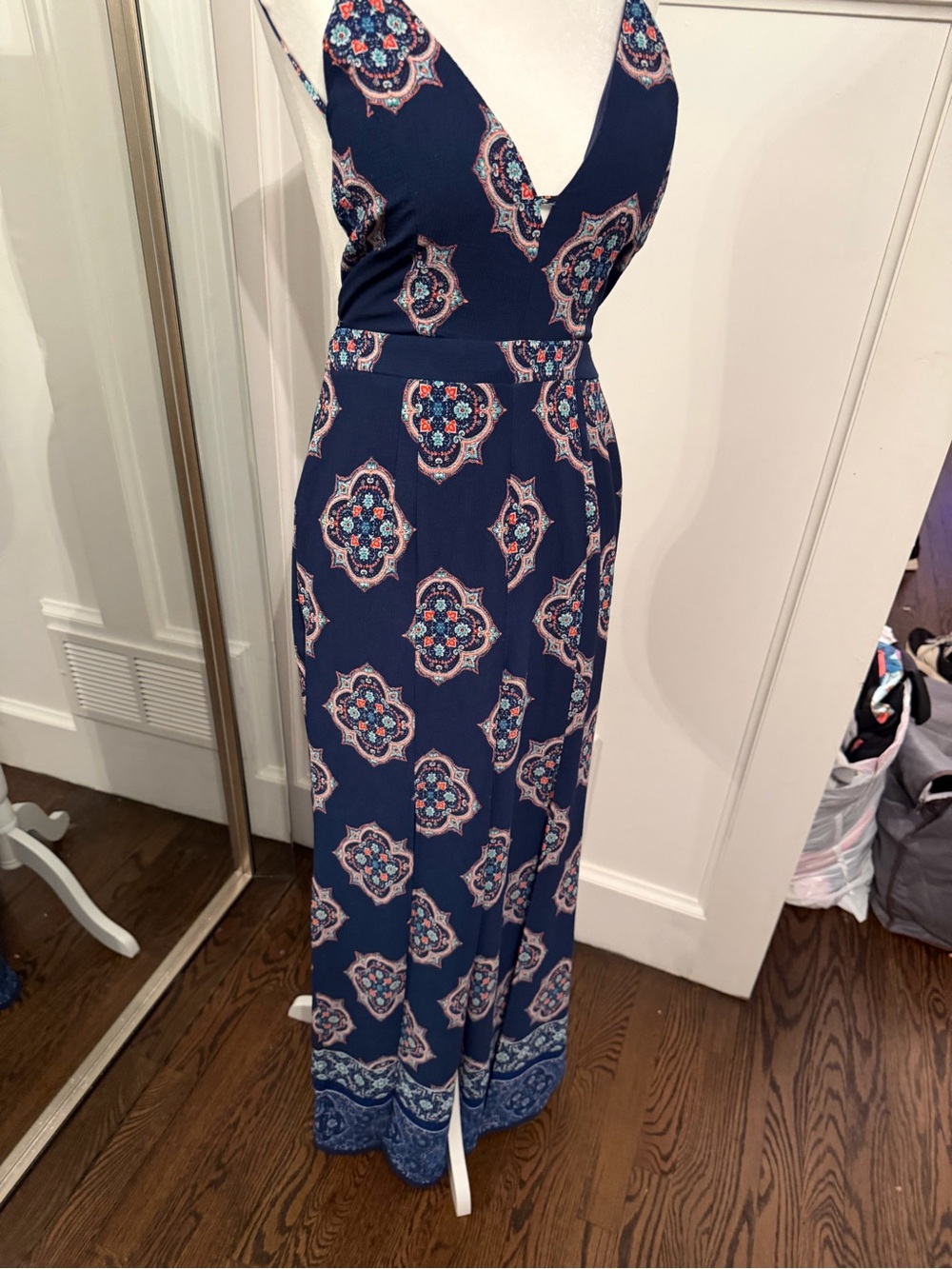 Sleeveless Navy Blue Printed Maxi Dress